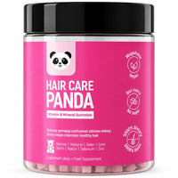 Jar of 'Hair Care Panda' vitamin and mineral gummies with pink label and black lid. #Size_300g