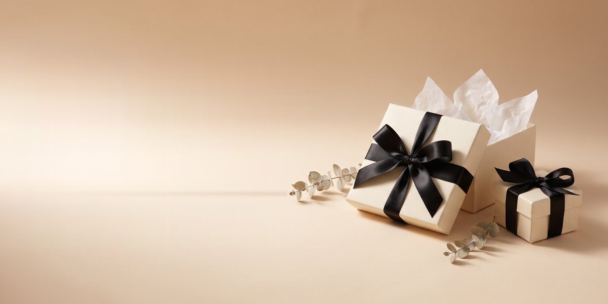 Confezioni regalo color crema con nastri neri